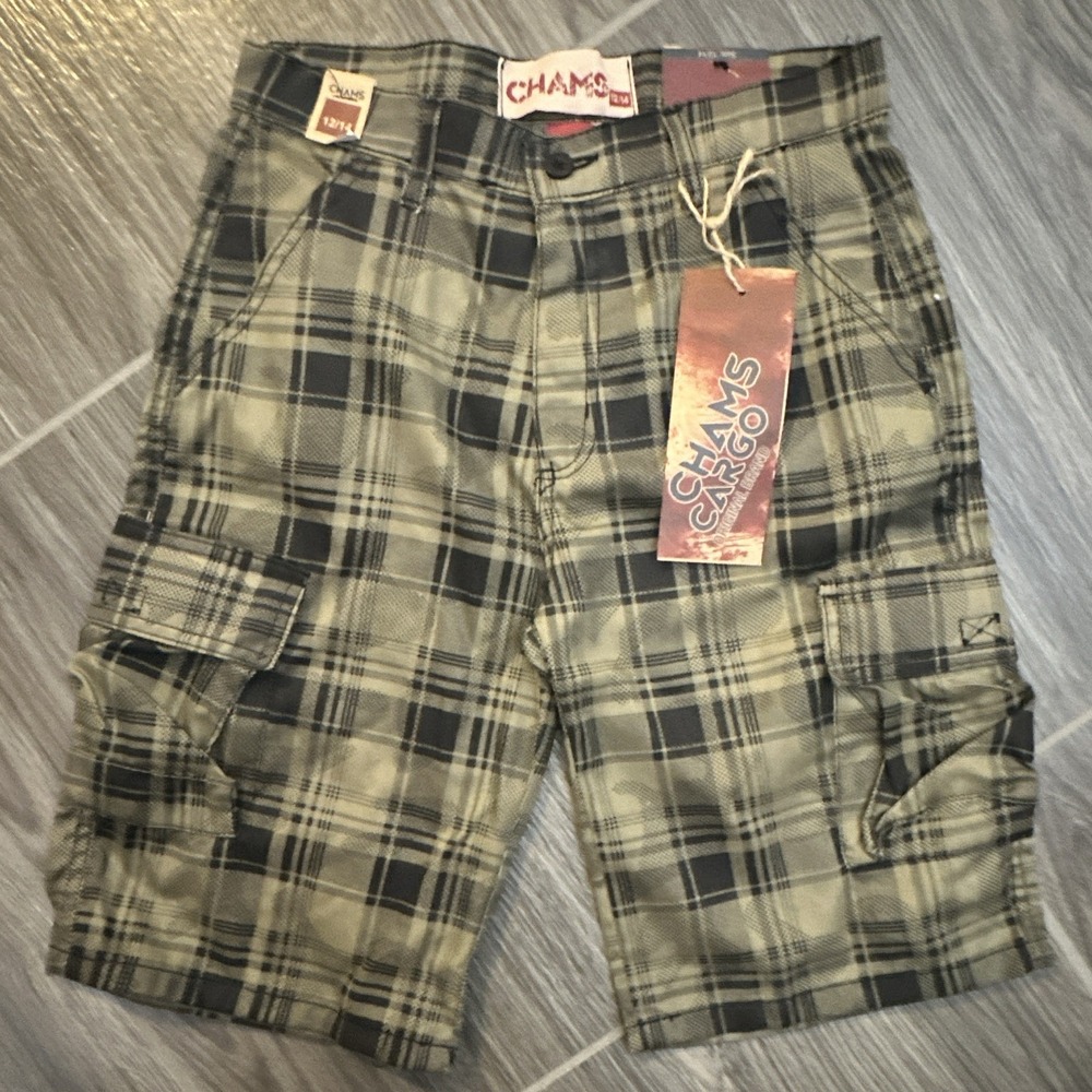 Chams Boys Cargo Shorts 12/14 Green/Black Plaid Cotton Zip Pockets